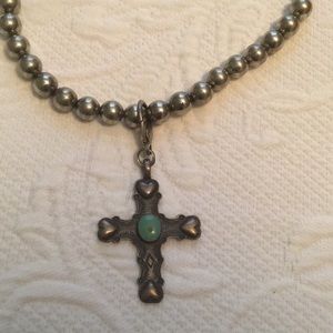 Sterling Silver cross with turquoise and hearts